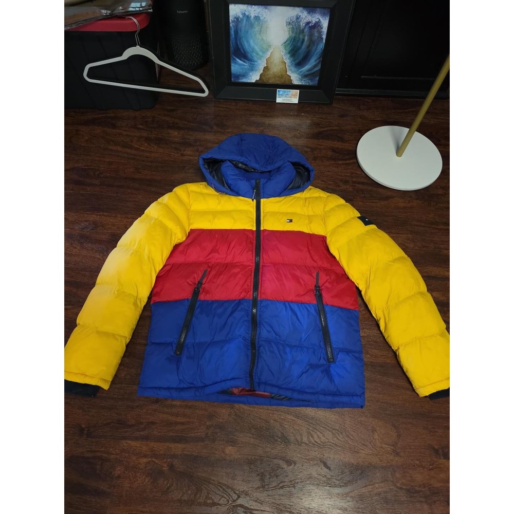 Tommy Hilfiger Colorblock Puffer Jacket Men's L Red Yellow Blue Hooded